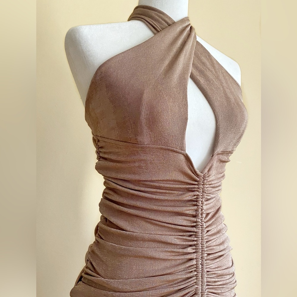 Holiday Rushed Halter Dress | Champagne Color Cross Over Halter Dress |